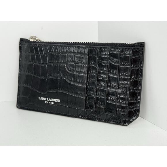 Saint Laurent Calfskin Crocodile Embossed 5 Fragments Zip Card Holder - Picture 1 of 7